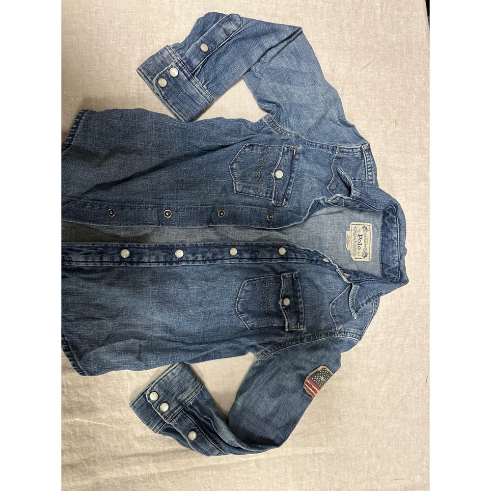 Polo Ralph Lauren Boys Western Denim Pearl Snap Shirt Size 5 Blue American Flag